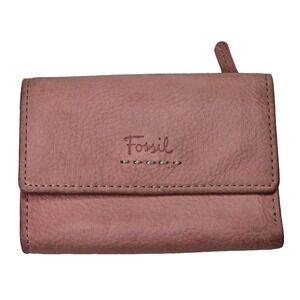 Fossil Wallet Womens Pink Genuine Leather Trifold Snap‎ RFID Zip Pocket Purse
